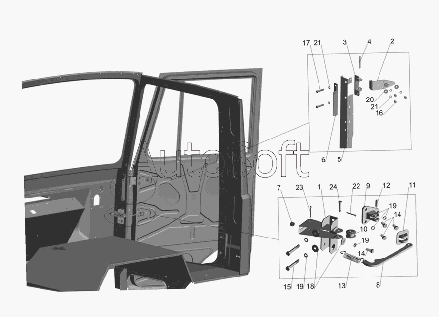 МАЗ-437030 (Зубренок): Установка ограничителя и петель двери