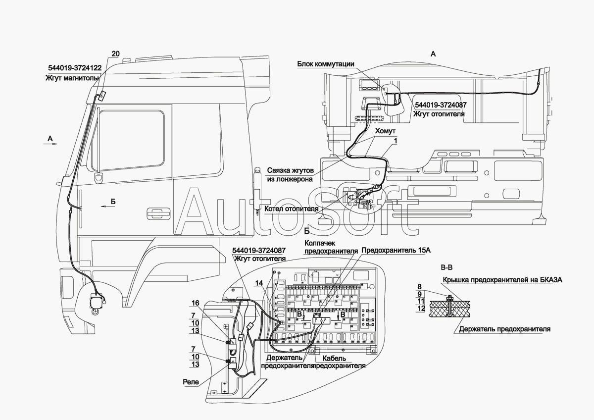 МАЗ-5440E9: Установка электрооборудования подогревателя 544019-3700085