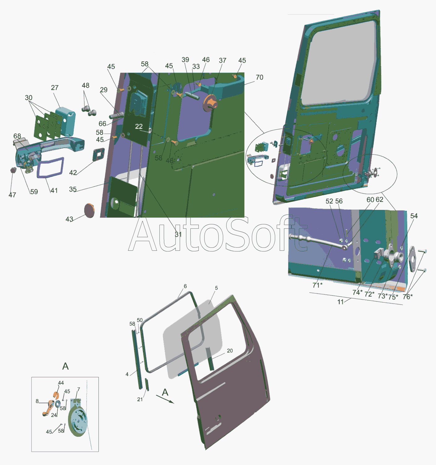 МАЗ-5440E9: Установка дверной арматуры 6430-6100010 (правая), 6430-6100011 (левая)